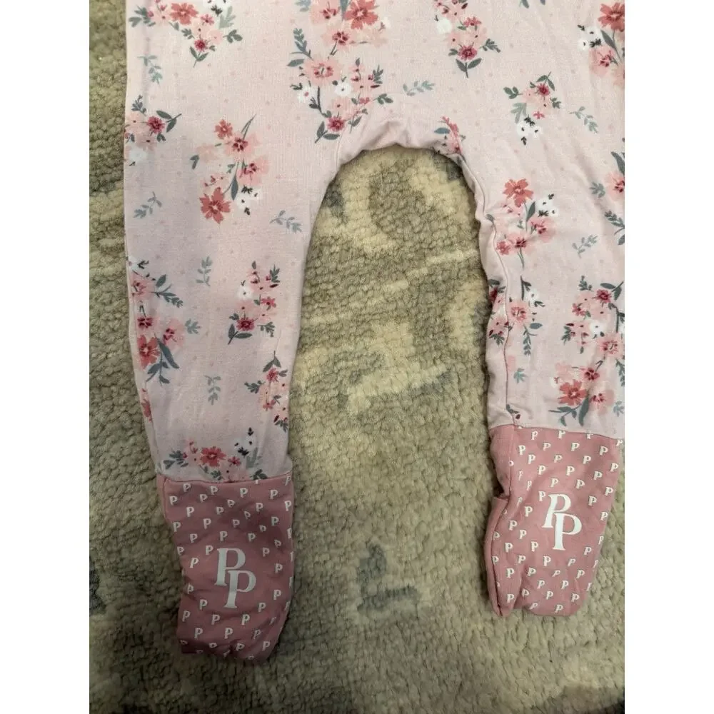 Posh Peanut Pink Floral Bamboo Foldover Feet Zipper Romper 9-12 Months NEW